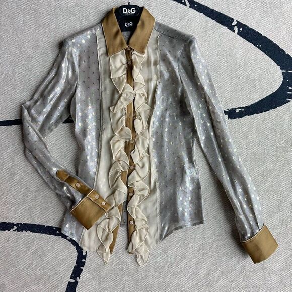 NWT RARE D&G Metallic Polka Dot Sheer Ruffle Front Silk Shirt Size 36 FLAW - Picture 1 of 7
